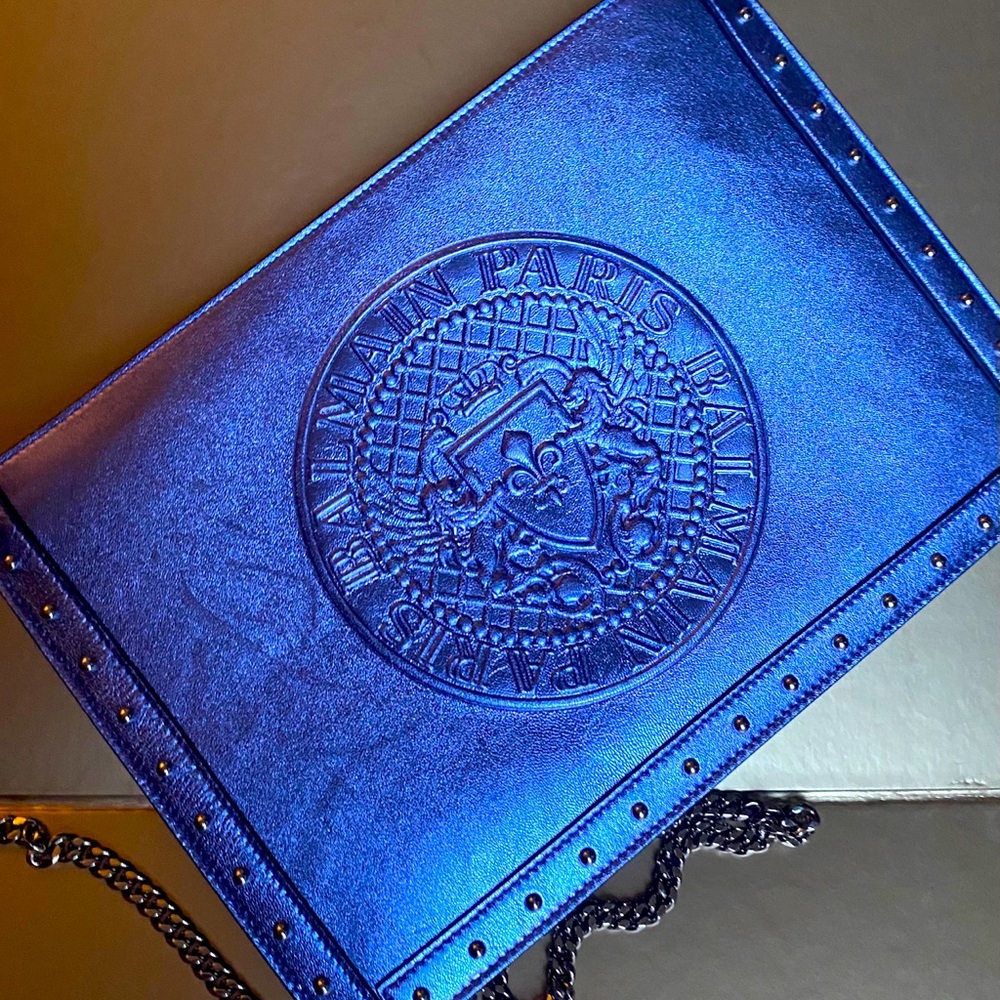 Metallic Iris Logo Embossed Balmain Clutch